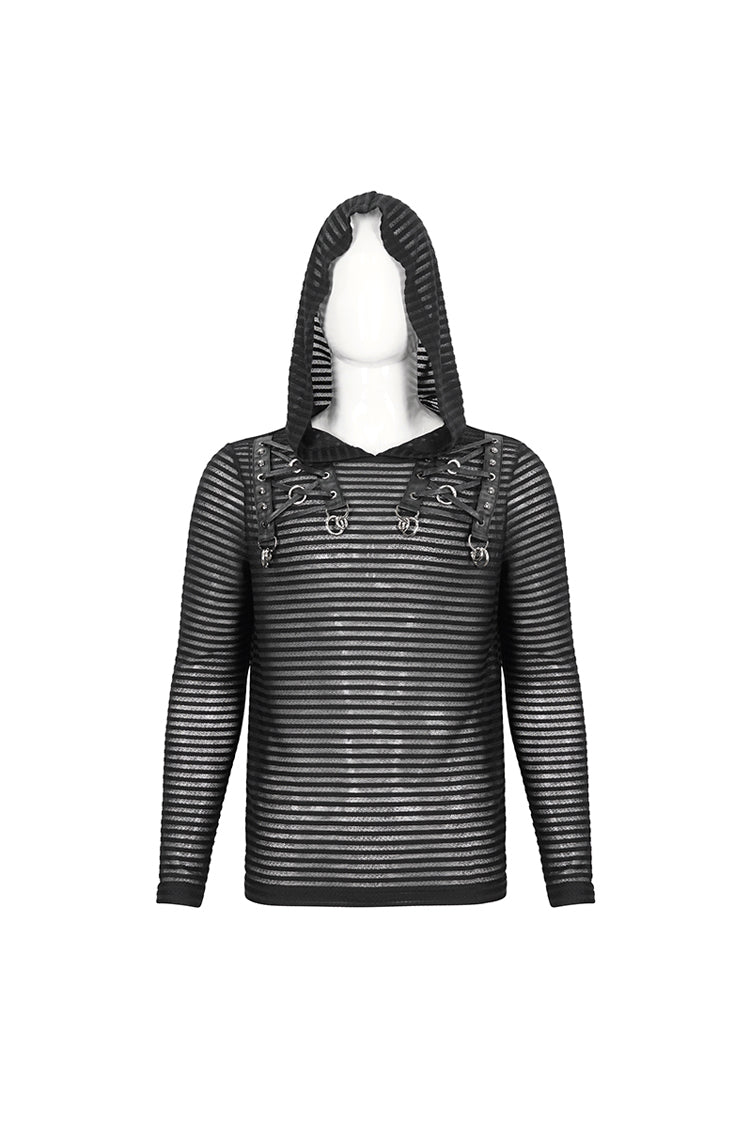 Black Striped Sheer Long Sleeve Men's Punk Sweatshirt Hooded