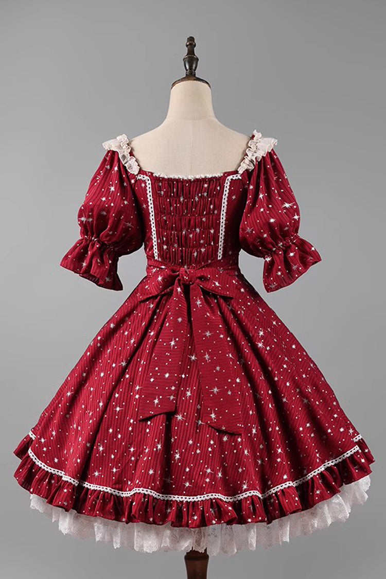 Midsummer Galaxy Shiny Star Print Short Sleeves Ruffle Bowknot Sweet Lolita OP Dress