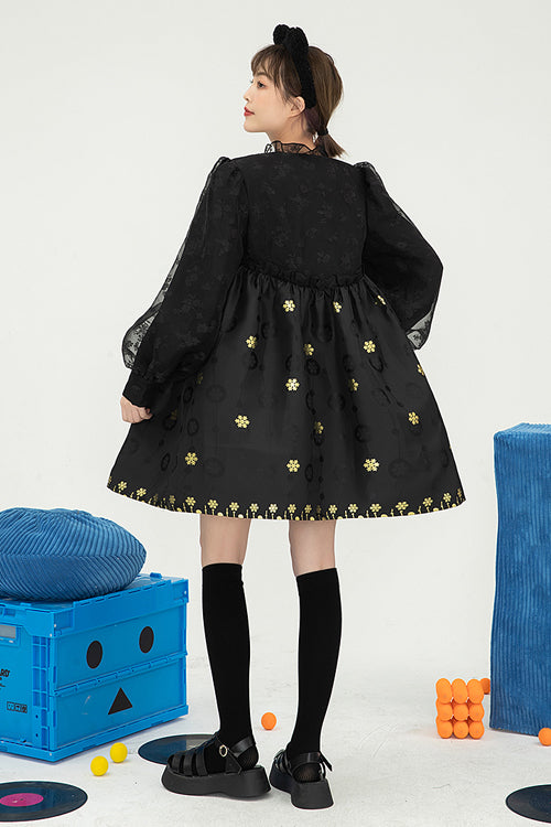 Black Square Neck Organza Print Ruffled Lantern Sleeves High Waisted Sweet Lolita OP Dress