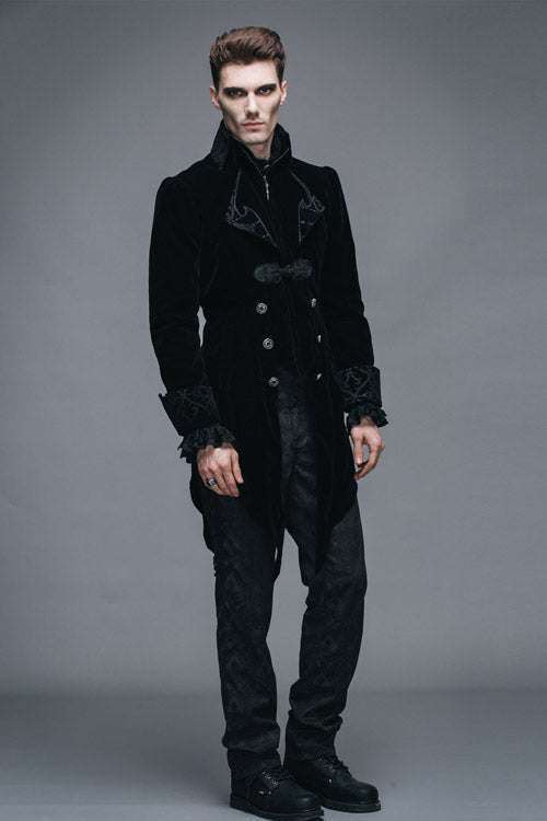 黒の刺繍襟長袖メンズ別珍タキシード ゴシック コート