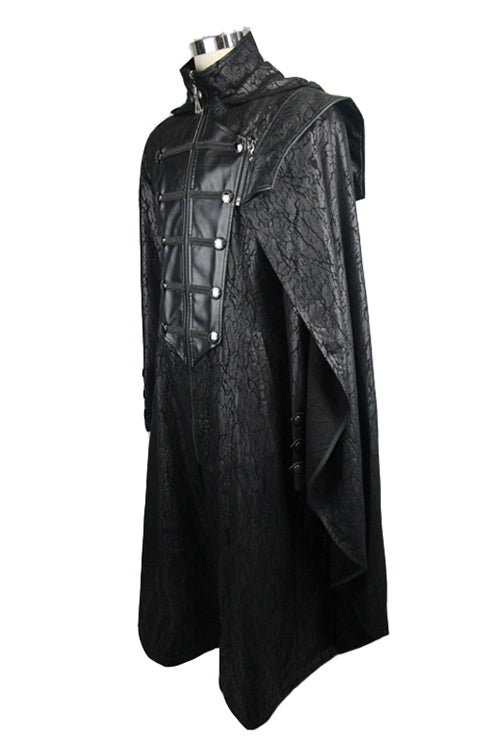 Black Hooded One Side Shawl Style Mens Leather Long Punk Coat