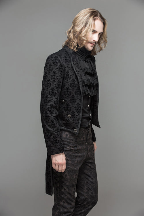Black Gothic Floral Patterned Flocking Short Front And Long Back Open Mens Coat