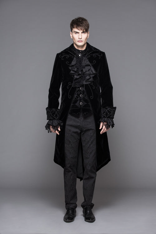 Black Hand Embroidered Fake Two Pieces Long Sleeves Velvet Mens Gothic Coats