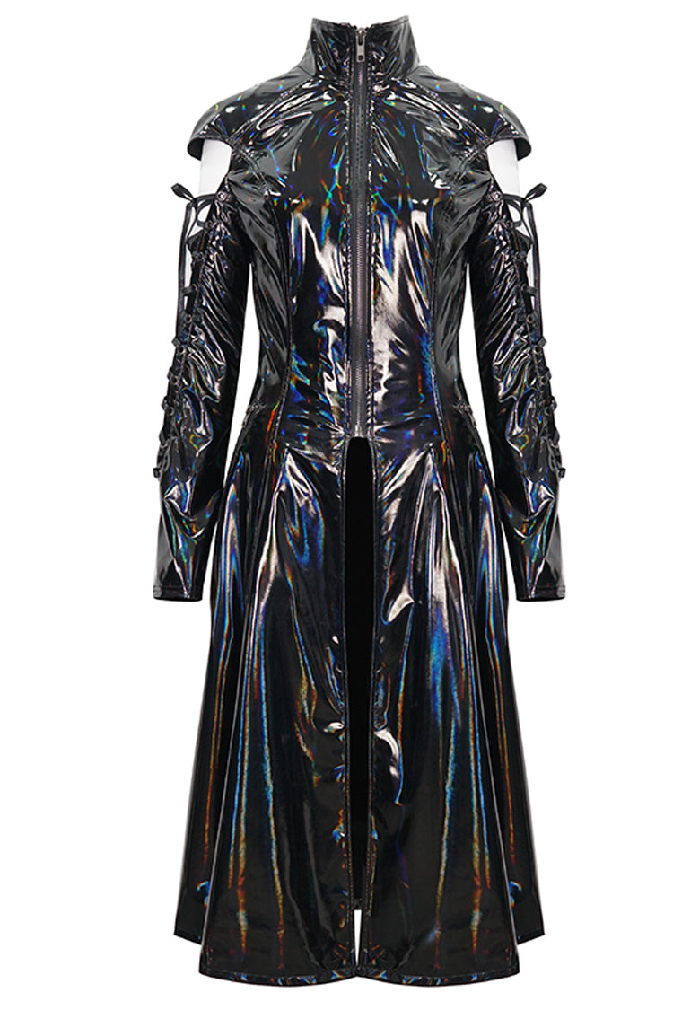 Black Lace Up Mesh Splice Patent Leather Long Women's Punk Coat