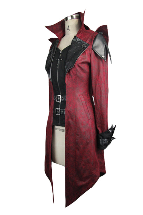 Punk Schwarz Und Rot Applique Damen Mit Kapuze Leder Lange Mäntel