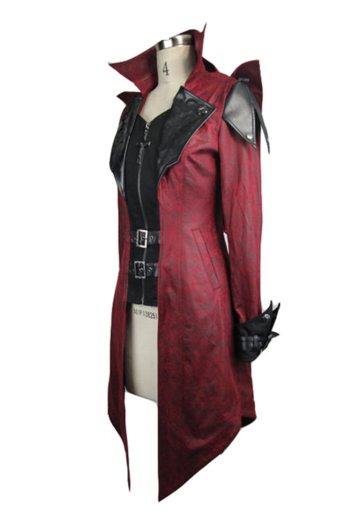 Punk Black And Red Applique Womens Hooded Leather Long Coats