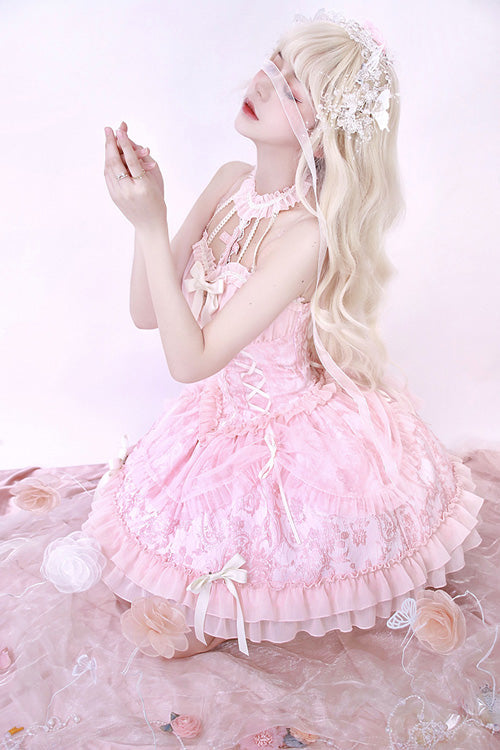 Pink Tube Top Sleeveless Blowknot Ruffled Sweet Lolita Tiered Dress