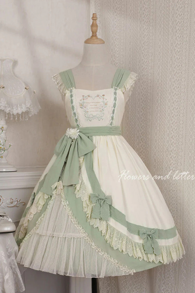 White/Green Country Style Daisy Poem Elegant Boat Neck High Waisted Sweet Lolita Jsk Dress