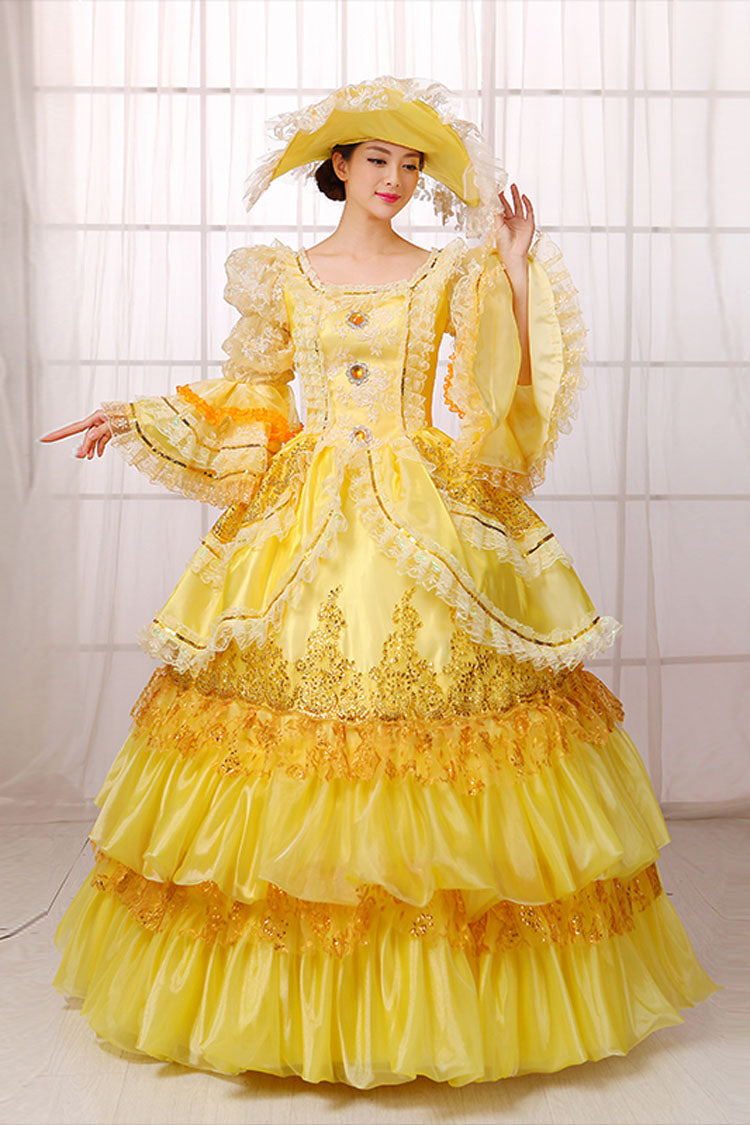 Yellow Hime Sleeves High Waisted Lace Stitching Gem Button Multi-Layer Victorian Lolita Prom Dress