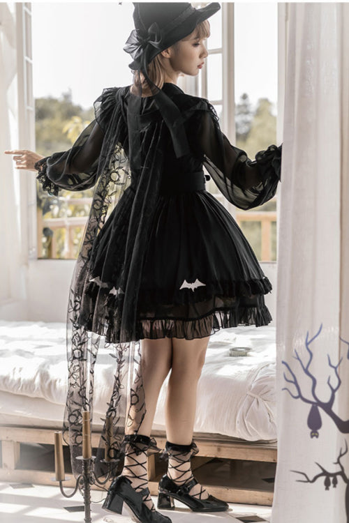 Black Round Collar Ruffled Lantern Sleeves High Waisted Trainee Witch Sweet Lolita Dress