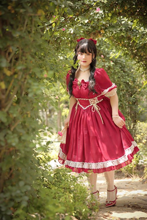 Square Collar Lace Short Sleeves High Waisted Plus Size Sweet Lolita OP Dress