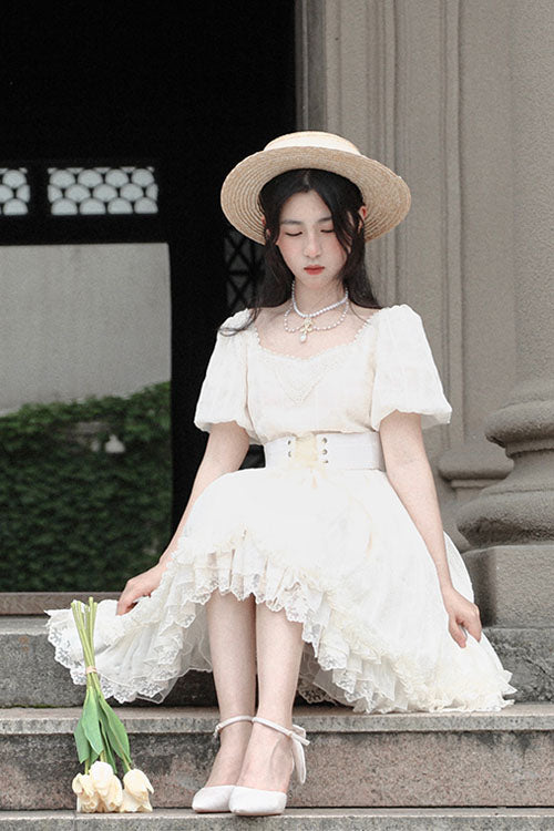 Elegant Vintage Tulip Square Collar Lantern Sleeves Multi-Layer Ruffled Classic Lolita OP Dress Short Version