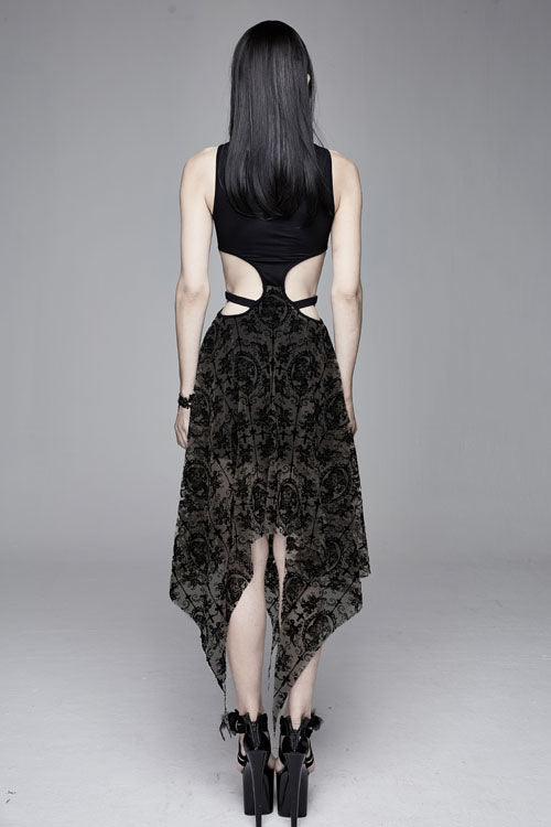 ブラック半透明クイーンクロス植毛プリントノースリーブセクシーなメッシュゴシックレディースドレス