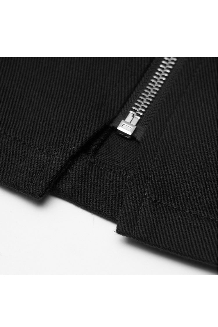 Black High Waist Front Zipper Metal Eyelets Belt Side Pocket Women's Punk Denim Skirt