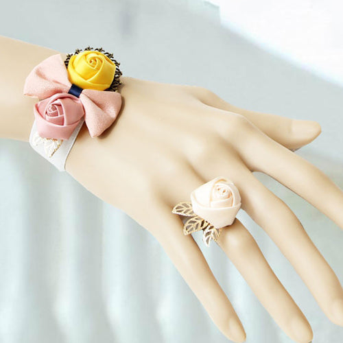 Pink Retro Fashion White Lace Bow Yellow Rose Female Lolita Ring Bracelet