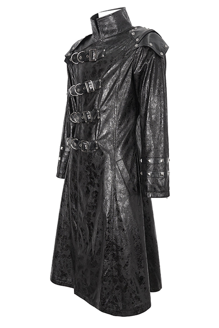 Black Stand Collar Multi Buckle Faux Long Leather Men's Punk Coat