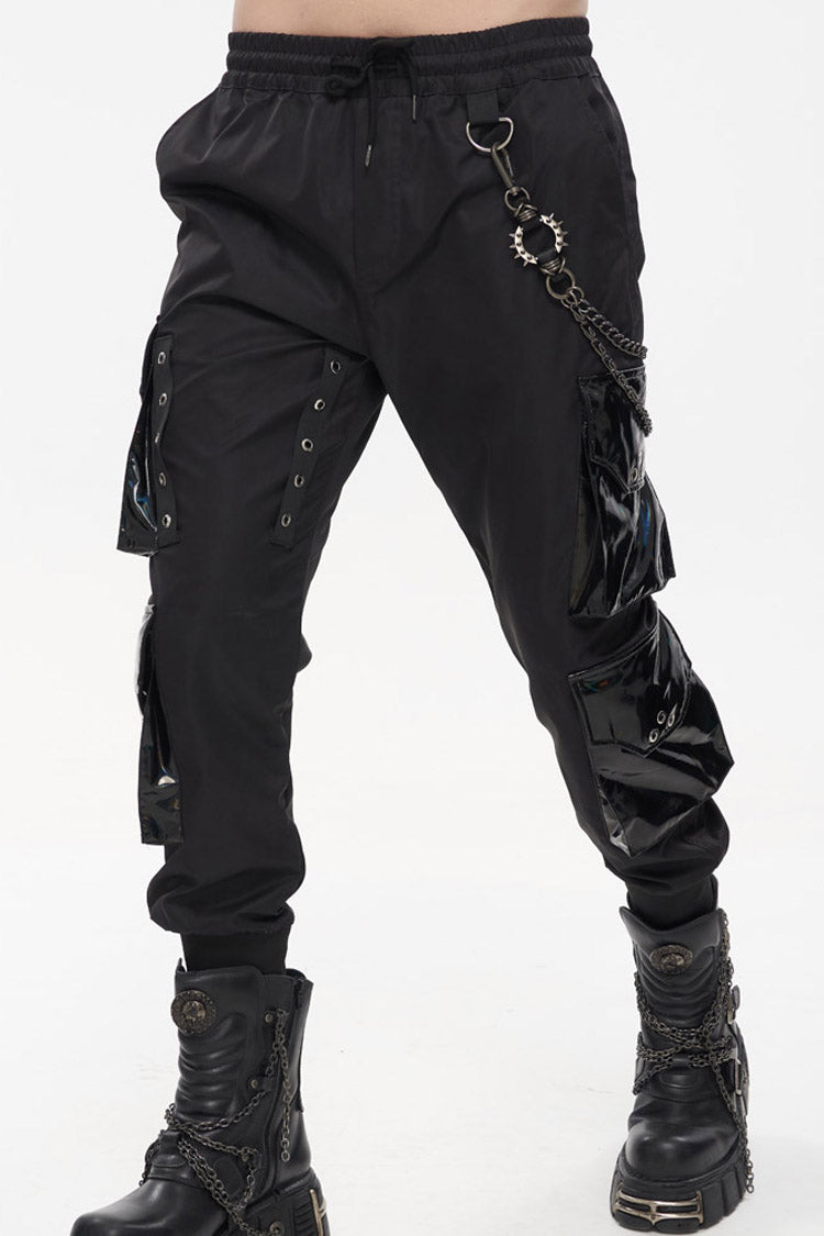 Black Punk Multi Pocket Splicing Illusory Color Removable Metal Left Chain Design Cargo Men's Pants