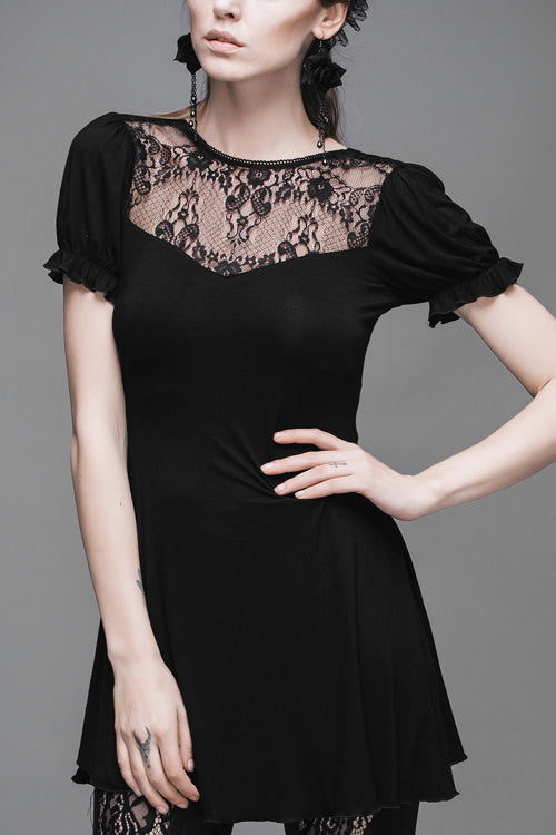 Schwarzes gemustertes, kurzärmliges Gothic-T-Shirt für Damen mit Spitzenkragen und mittellanger Länge