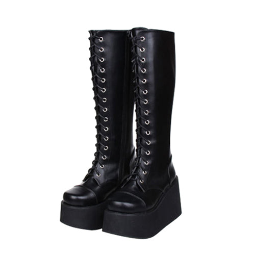Black Concise Lace Up Sweet Lolita High Boots