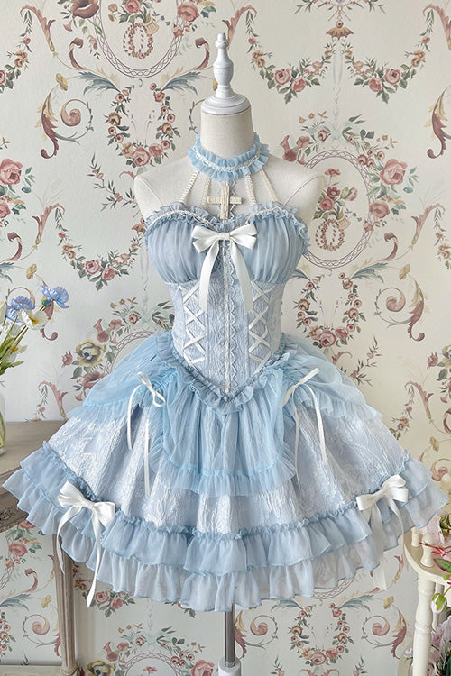 Blue Tube Top Sleeveless Blowknot Ruffled Sweet Lolita Tiered Dress