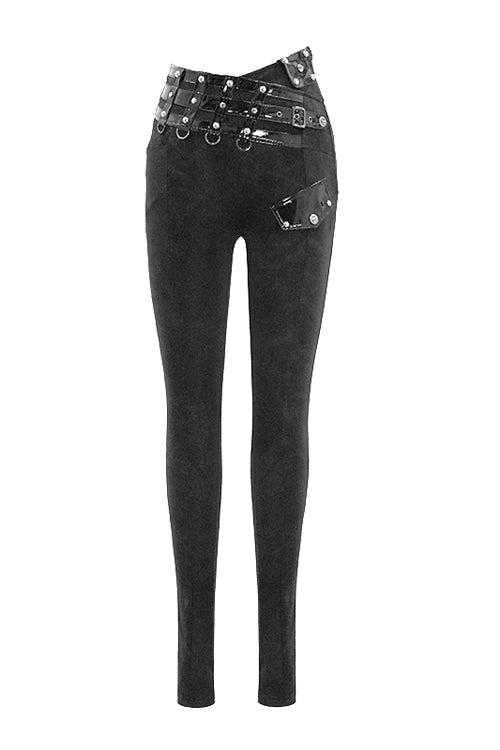 Black Punk Leather Loops Asymmetric Knitted Stretch Womens Pants