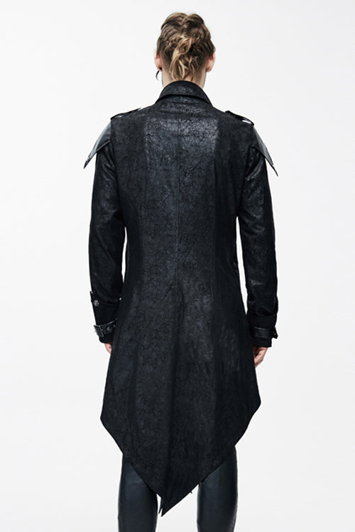 False Two Pieces Black Hooded Leather Long Mens Gothic Coats