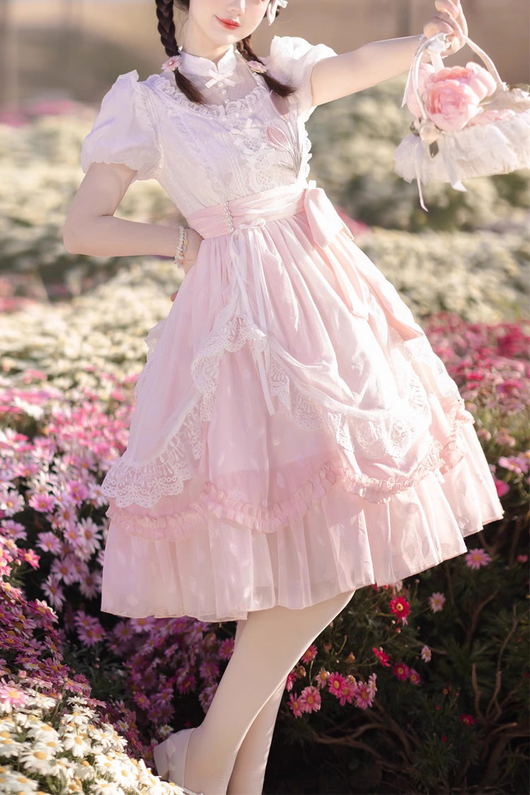 Pink Round Collar Short Sleeves Lace Ruffle Bowknot Sweet Princess Lolita Dress