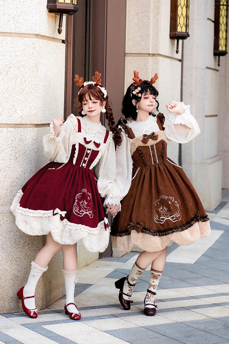 Deer Print Embroidery Bowknot Princess Autumn Winter Sweet Lolita JSK Dress 2 Colors