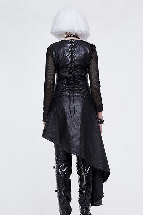 Black Zipper Up Asymmetric Sleeveless Womens Punk Rock Mid Length Leather Dress