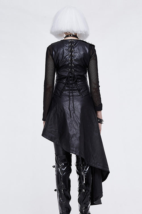 Schwarzes, asymmetrisches, ärmelloses Punkrock-Lederkleid für Damen in mittlerer Länge mit Reißverschluss