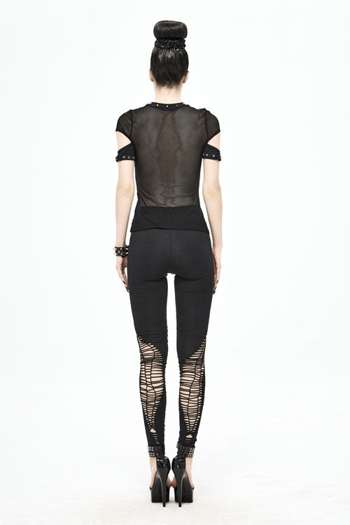 Black Sexy Short Sleeves Rock Mesh Stretchy Women Punk T-Shirt