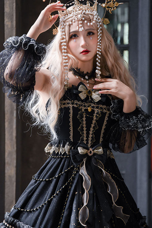 Black Starry Night Square Collar Bowknot Multi-Layer Ruffled Cardigan Gothic Lolita JSK Dress with Detached Sleeves