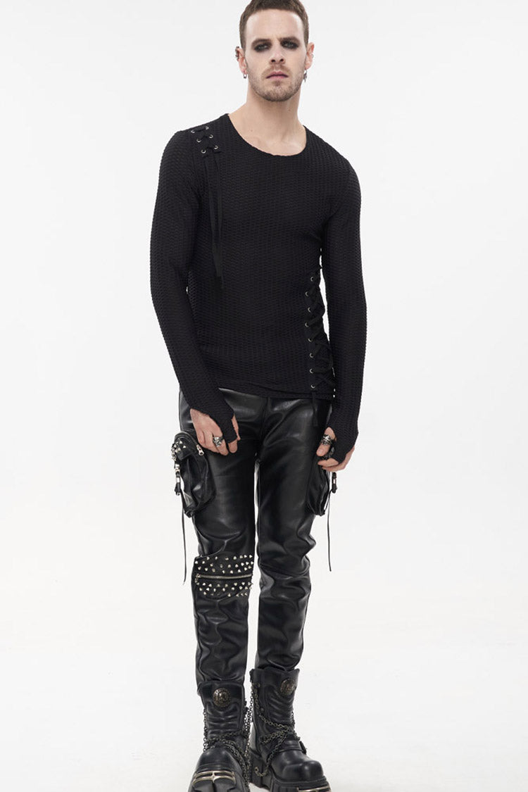 Black Punk Leather Metal Rivets Zipper Stereoscopic Side Pockets Men's Pants