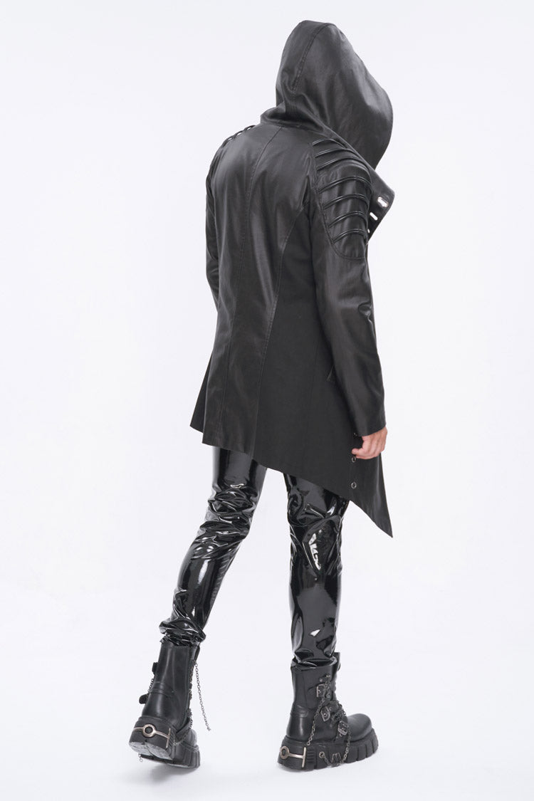 Black Irregular Eyelet Men's Gothic Jacket With Hood