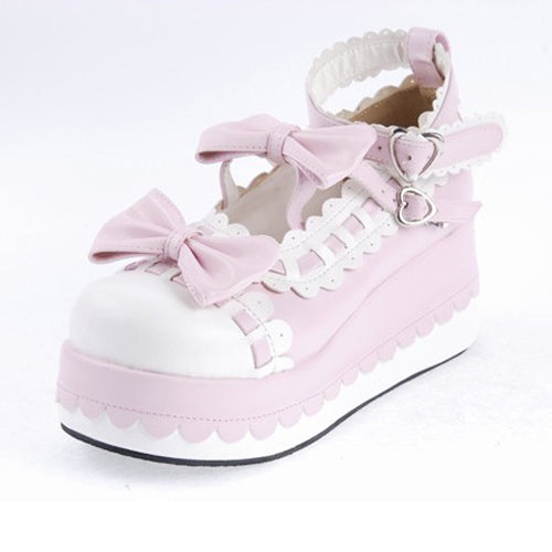 Pink Synthetic Leather Round Toe Ankle Straps Bow Decoration Platform Lolita Shoes