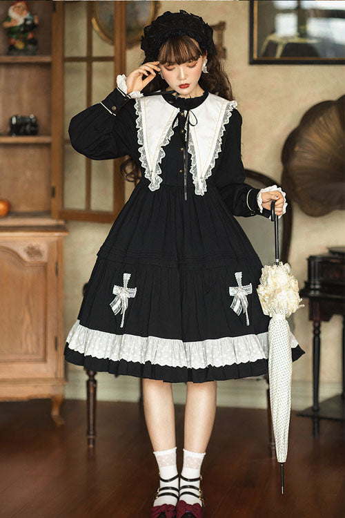 Dark Black Temple Of The Cross Doll Collar High Waisted Long Sleeves Multi-Layer Ruffled Gothic Lolita OP Dress