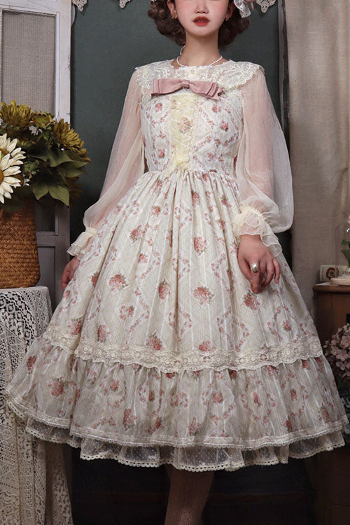 Pink Elegant Vintage Rose Print Multi-Layer Ruffled Sweet Lolita JSK Dress