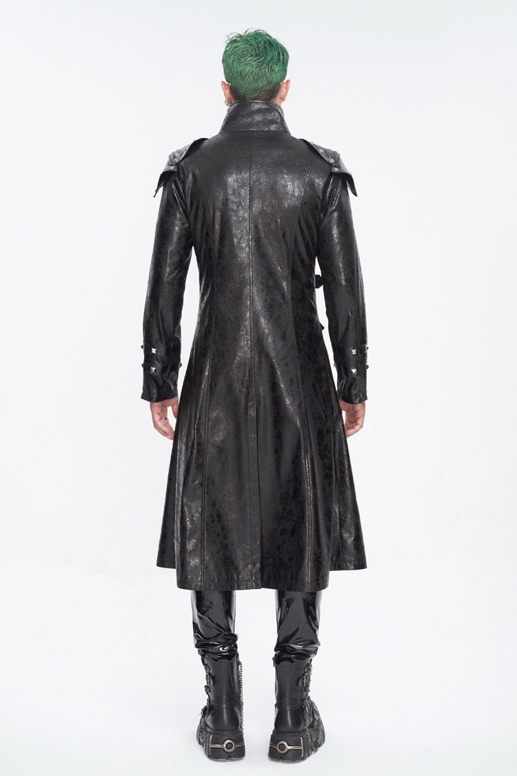 Black Stand Collar Multi Buckle Faux Long Leather Men's Punk Coat