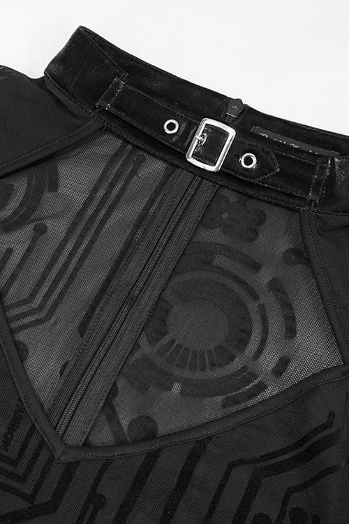 Black Circuit Diagram Flocking Printed Flared Sleeve Womens Gothic Dress