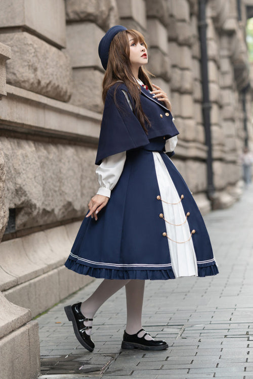 Blue/White Suit Collar Double Breasted High Waist College Style Sweet Lolita Dress Full Set