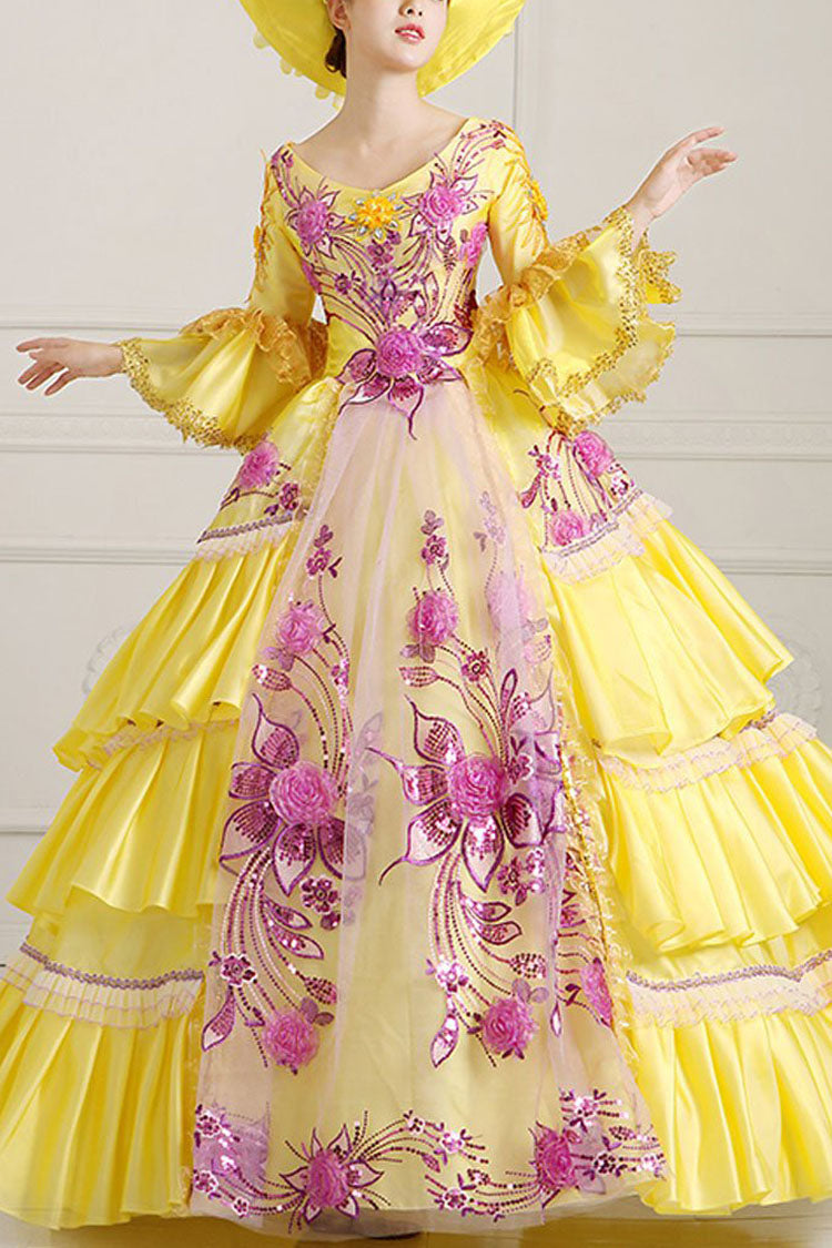Yellow Half Sleeves Hime Sleeves High Waisted Lace Stitching Hollow Embroidery Floral Print Multi-Layer Victorian Lolita Prom Dress