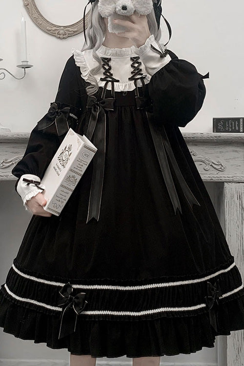 Black Bowknot Ruffled Long Sleeves Lolita OP Gothic Lolita Dress