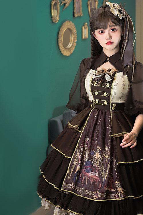 Dark Brown Japanese Country Style Alchemist Theme Bowknot Multi-Layer Ruffled Classic Lolita JSK Dress