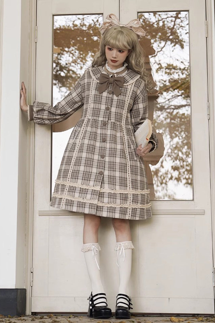 Light Brown Doll Collar Long Sleeves Multi-layer Print Bowknot Sweet College Style Lolita Dress Coat