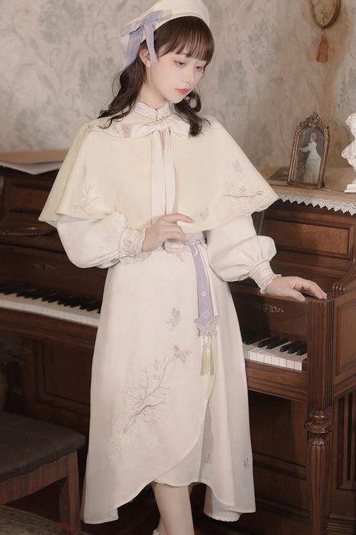Beige Retro Stand Up Collar Ruffled Lantern Sleeves Butterfly Embroidery Classic Lolita OP Dress Full Set