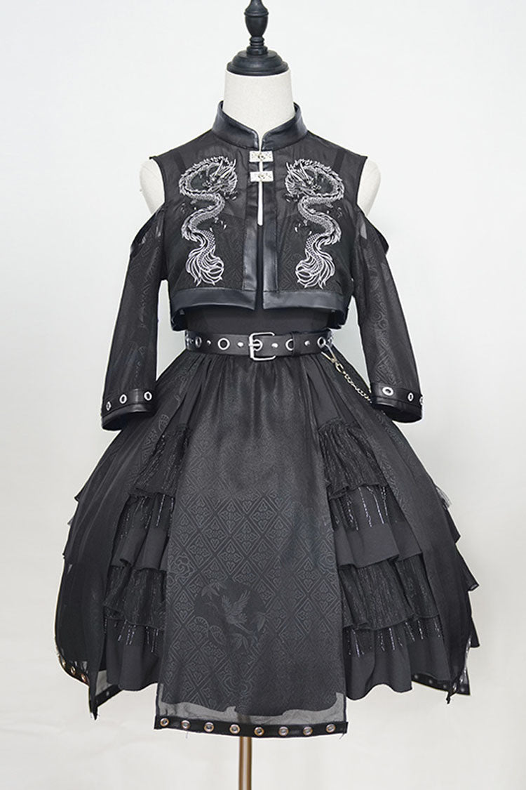 Dark Boat Neck Dragon Print Chinese Style High Waisted Multi-Layer Ruffled Gothic Lolita Jsk Dress