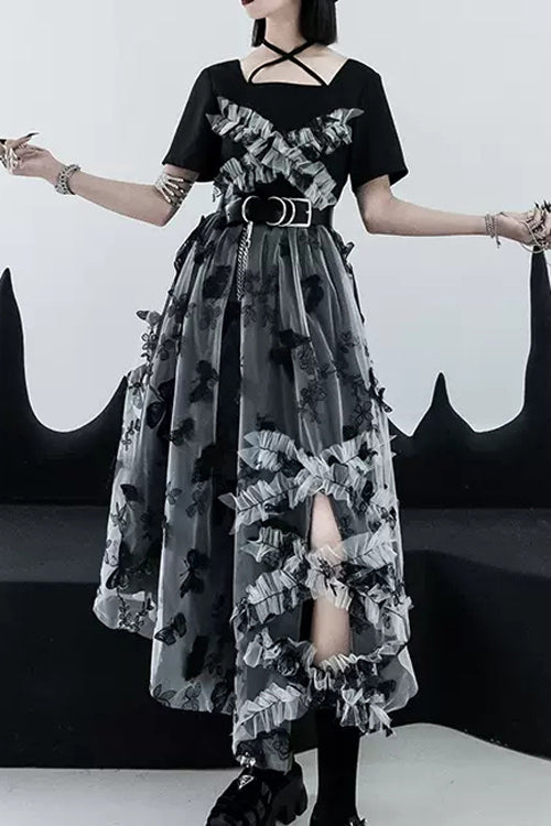 French Square Collar Short Sleeves Irregular Hem Long Gothic Lolita Dress