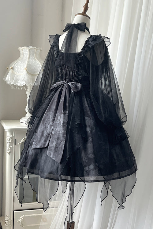 Black Ruffled Strap Mesh Lantern Sleeves High Waisted Irregular Hem Gothic Lolita OP Dress