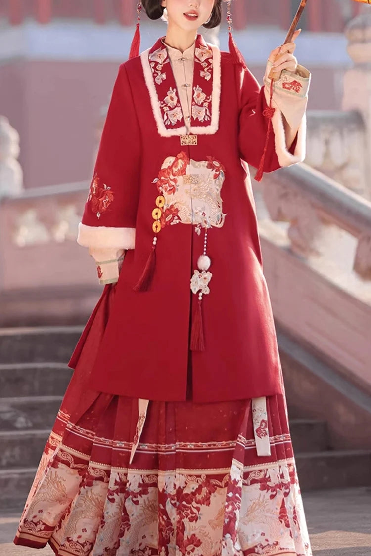 赤の古典的な中国風の V 襟刺繍長袖レディース漢服スリーピース