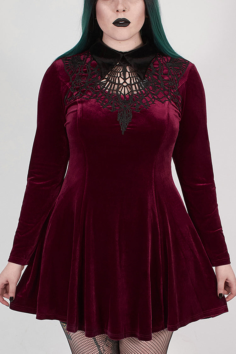 Red Velvet Front Chest Hollow-Out Decals Back Lace-Up Long Sleeve Plus Size Women's Gothic Dress